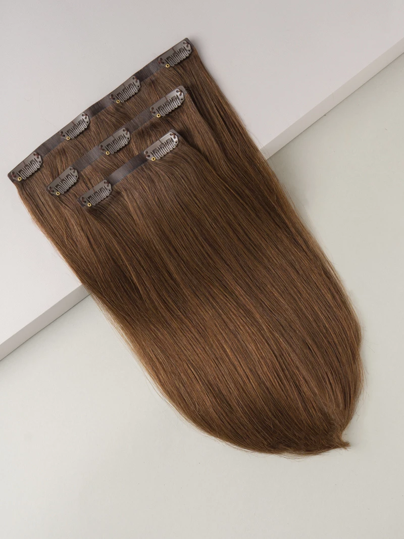 Bezszwowe włosy naturalne Clip In PREMIUM 30 cm 3 taśmy 60g #4 Koniak