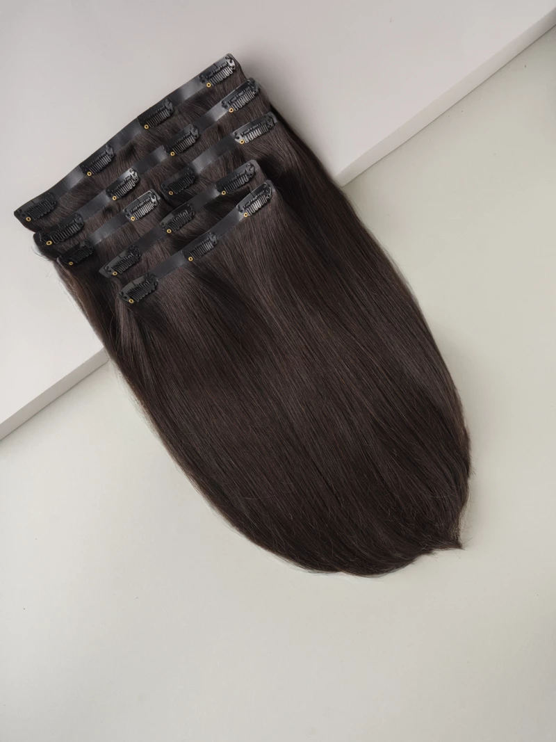Bezszwowe włosy naturalne Clip In PREMIUM 30 cm 6 taśmy 120g #1B Ciemny brąz