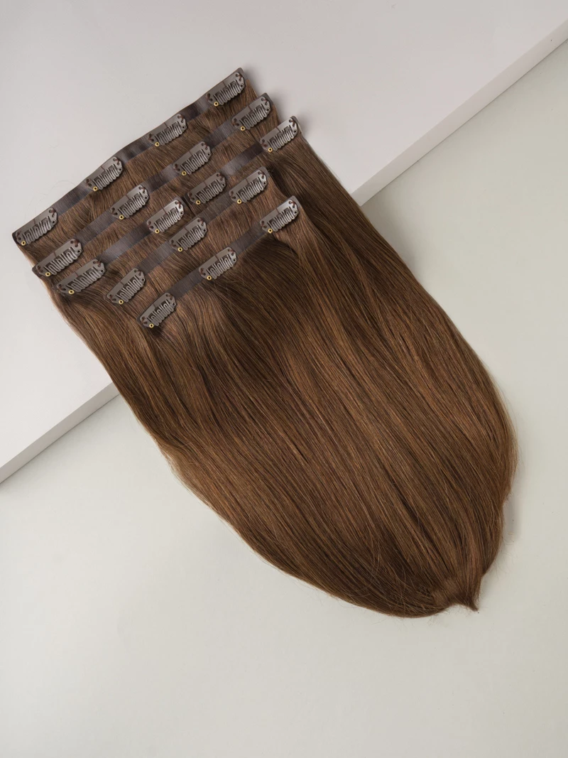 Bezszwowe włosy naturalne Clip In PREMIUM 30 cm 6 taśmy 120g #4 Koniak
