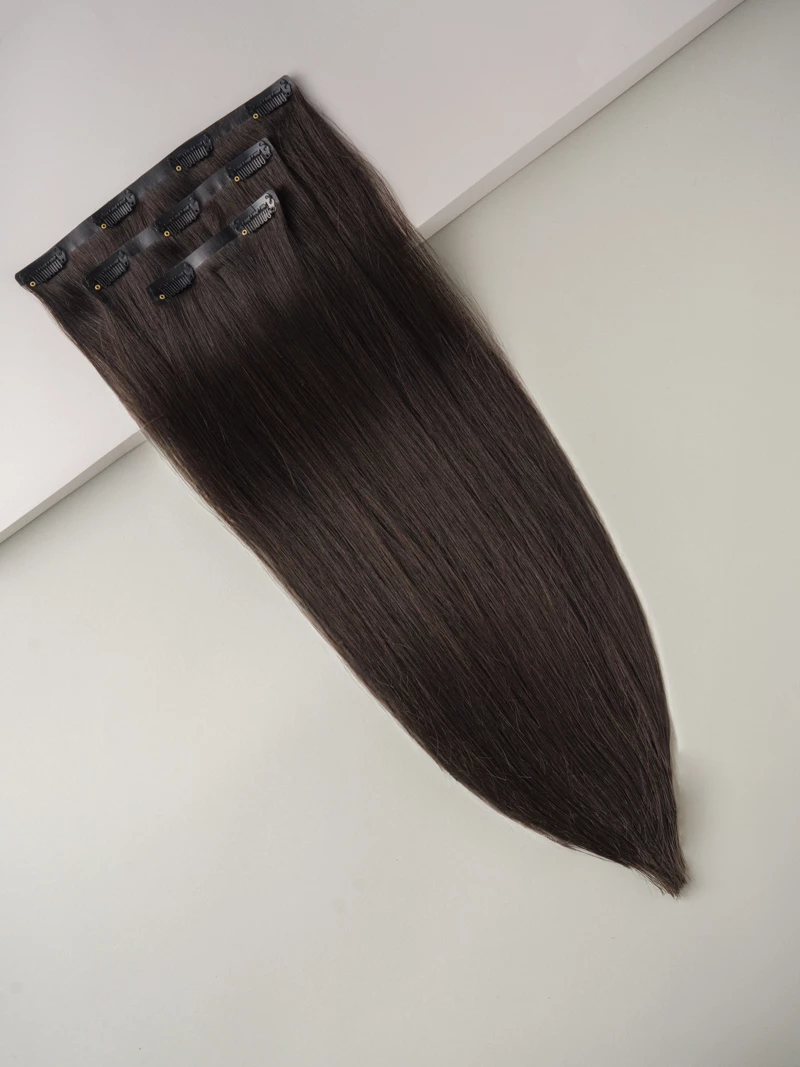 Bezszwowe włosy naturalne Clip In PREMIUM 53 cm 3 taśmy 70g #1B Ciemny brąz