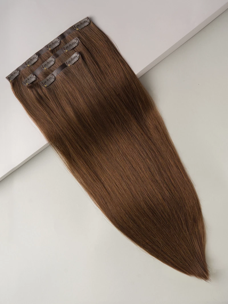Bezszwowe włosy naturalne Clip In PREMIUM 53 cm 3 taśmy 70g #4 Koniak