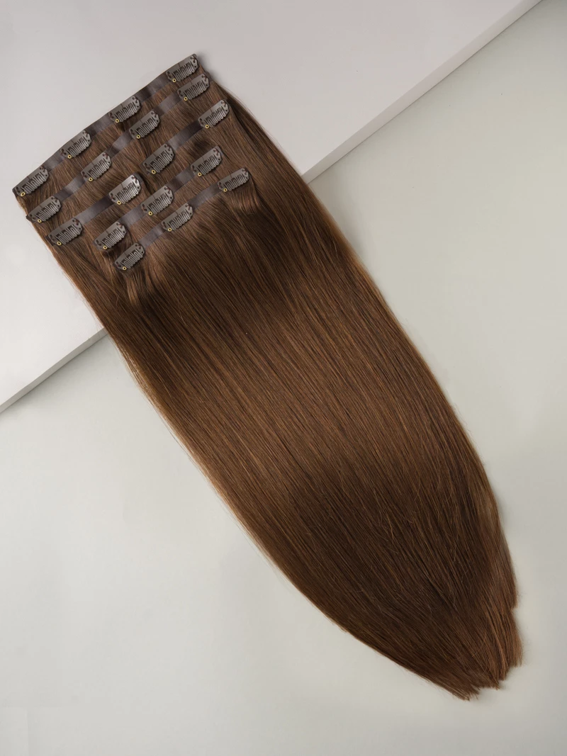 Bezszwowe włosy naturalne Clip In PREMIUM 53 cm 6 taśm 140g #4 Koniak